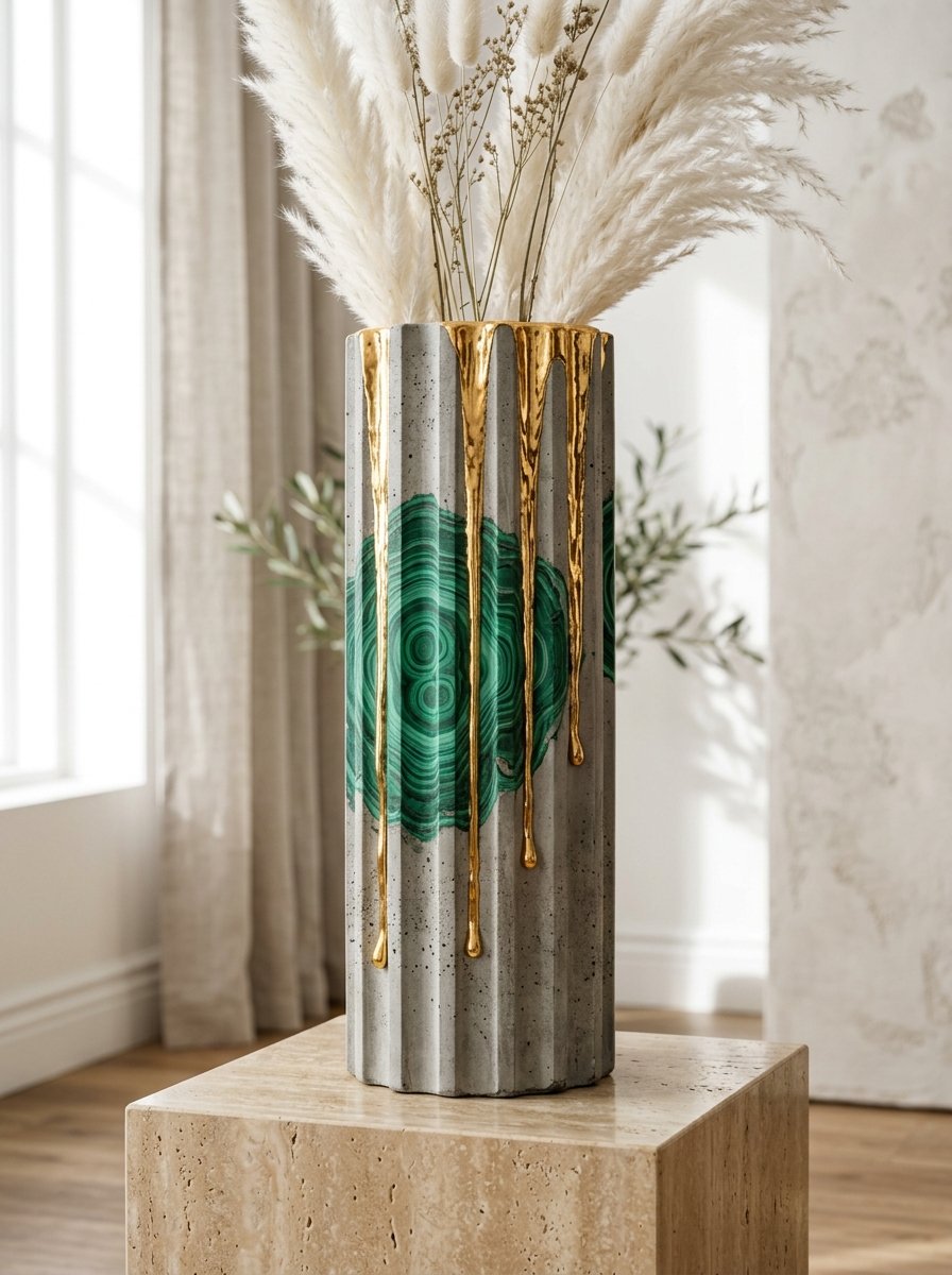 فازة "الملكيت والزمرد الإمبراطوري" المضلعة بذهب سائل (Imperial Emerald Malachite Vase)